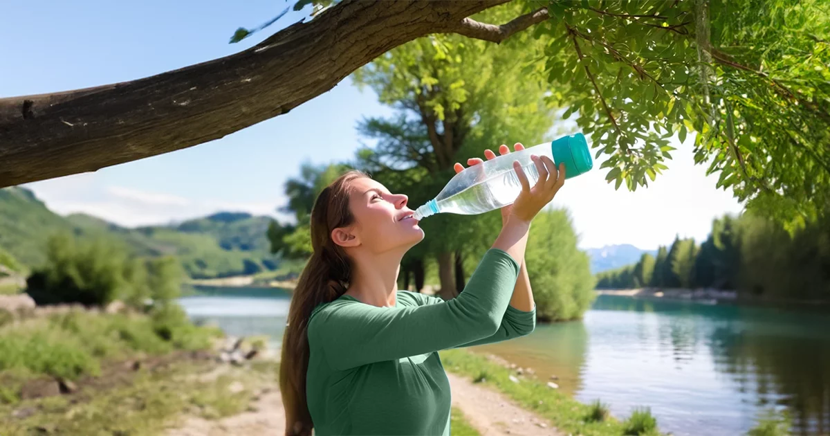 Randonneuse buvant l'eau d'une bouteille.