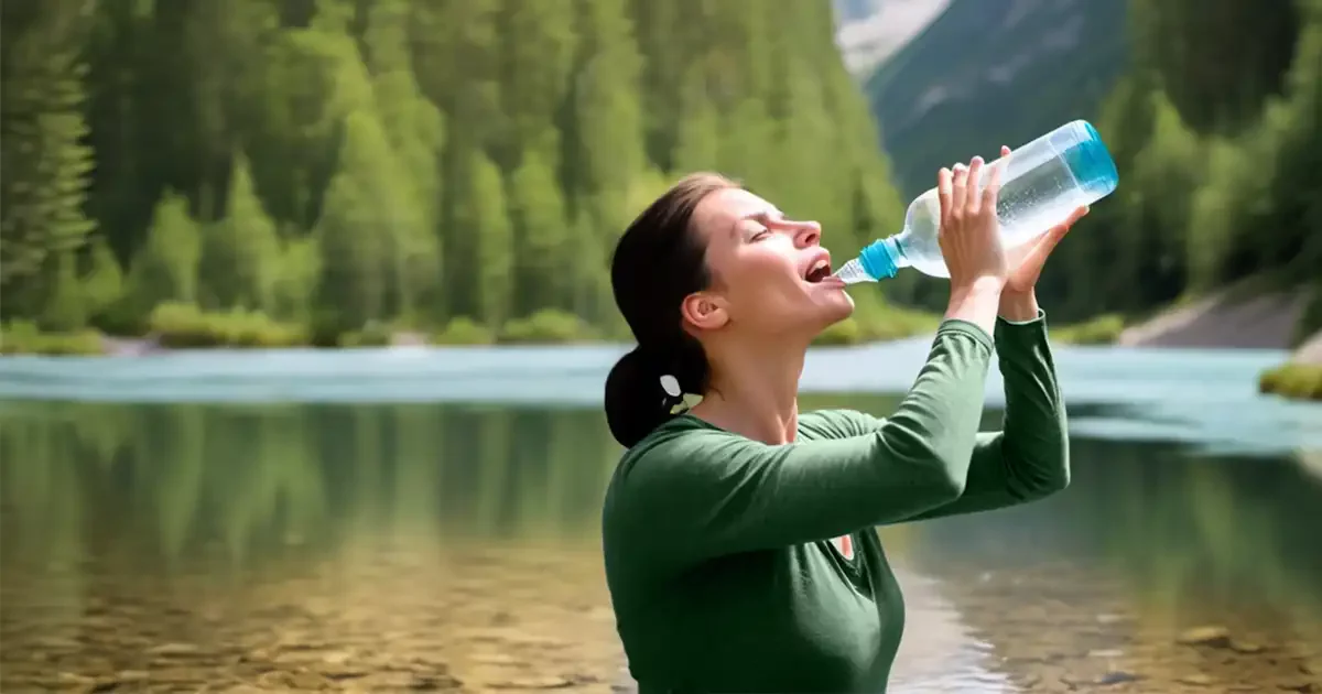 Senderista bebiendo agua de una botella