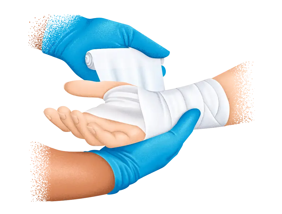 Hands with medical gains bandaging a victims upper arm